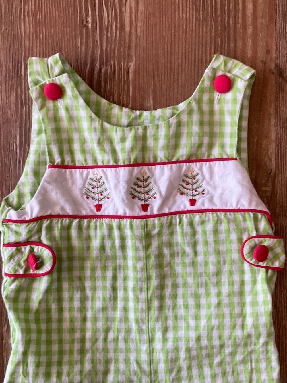 Cotton Light Green Gingham Kids romper with Embroidered Yoke